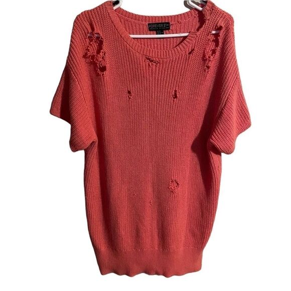 Forever 21 Plus Size Salmon Pink‎ Distressed Short Sleeve Knit Sweater 1X - Picture 1 of 8
